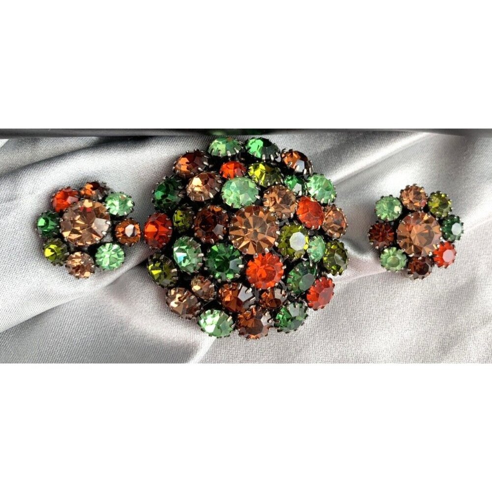 House of Schrager Vintage Japanned Signed Rhinestone Brooch/Earrings Fall Colors